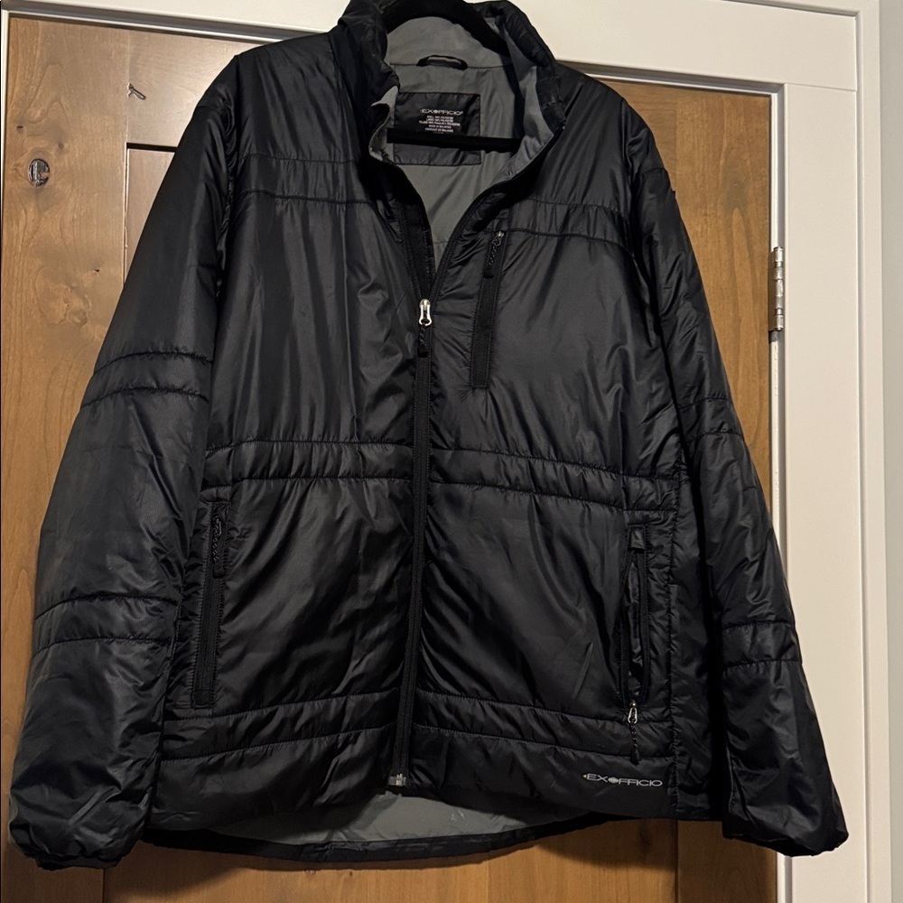 EXOFFICIO Black puffer jacket Mens XXL Travel Packable 6 pocket system Vacation